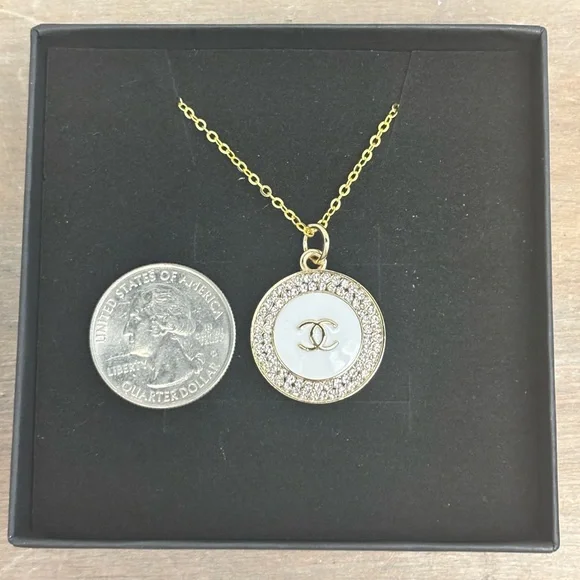 CC CHANEL Gold White Logo Crystal Charm Upcycled Necklace, 18 inches - Picture 4 of 4